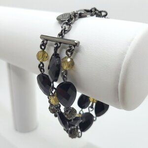 GA 3 Row Beaded Chain Bracelet Black Faceted Oval Bead Rhinestone Pave' Bead 7.5